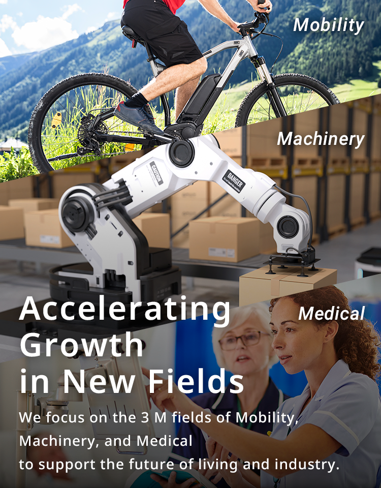 Accelerating Growth in New Fields We focus on the three M areas of Mobility, Machinery, and Medical to support the future of living and industry.